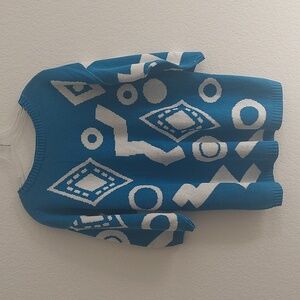 FASHION AVENUE Vintage Blue & White Geometric Pattern Knit Sweater